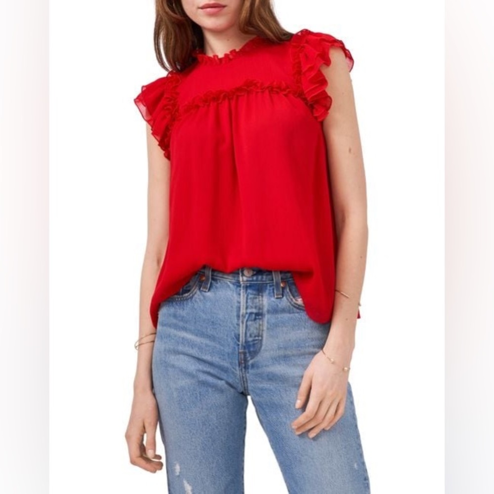 1.STATE Women's Red Ruffle Yoke Top
